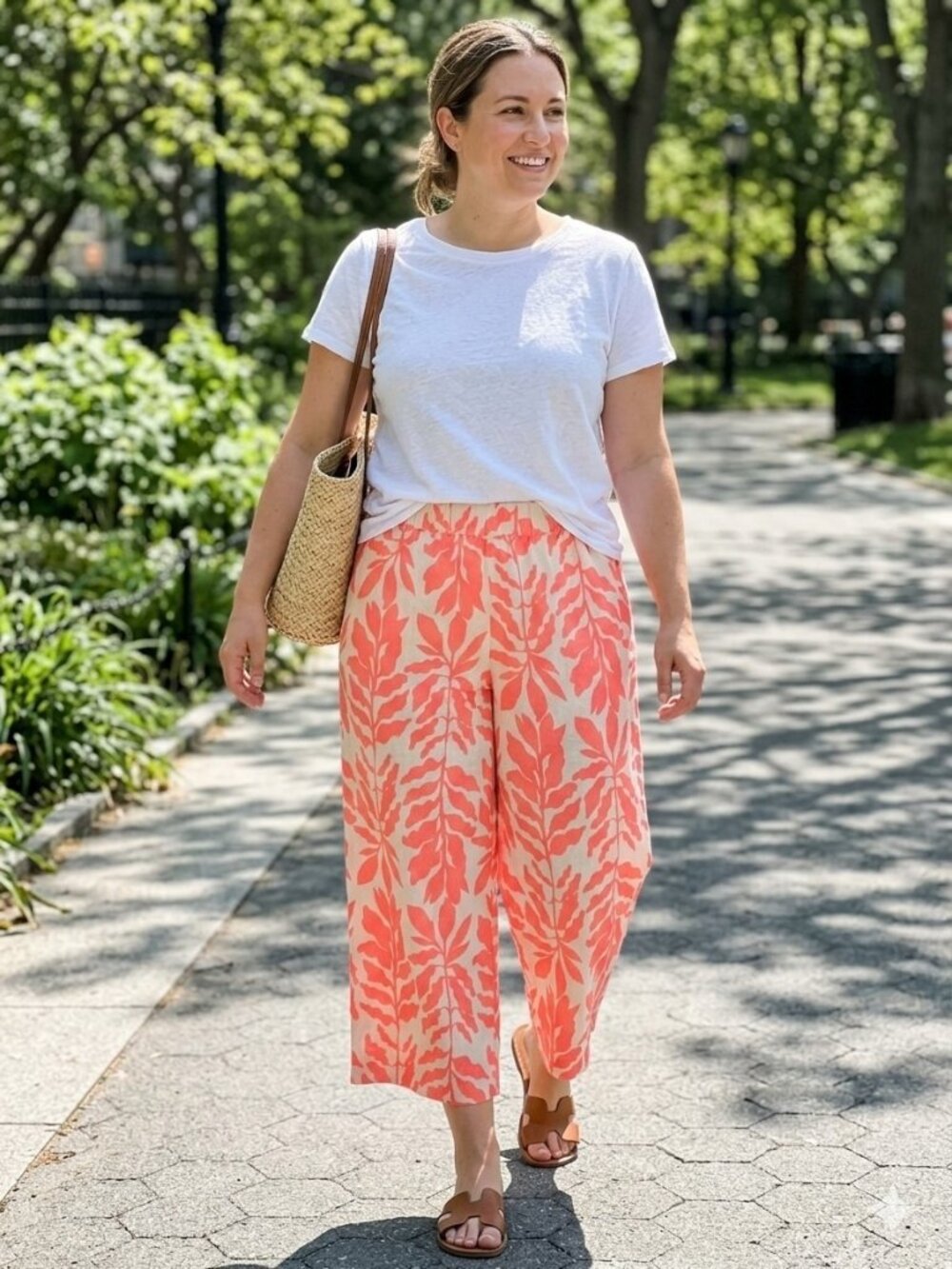 Rachel Zoe Linen Coral Orange Leaf Print Wide Leg Crop Pants M Tropical Womens